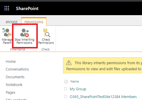 Stop Inheriting Permissions highlighted