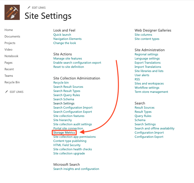 SharePoint site settings options