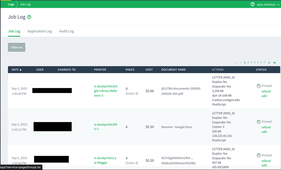 Screenshot of the Job Log page in the IS-Duckprints Web Admin Portal