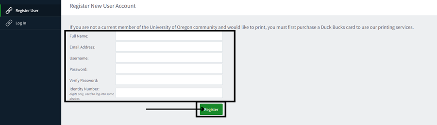 PapercutMF website with Register User tab open. Lines to be filled out as listed below the image, and a register button at the bottom