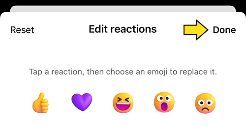 A screenshot of the Edit Reaction screen in Teams mobile app. The Done button located at the top right has been highlighted with a yellow arrow.