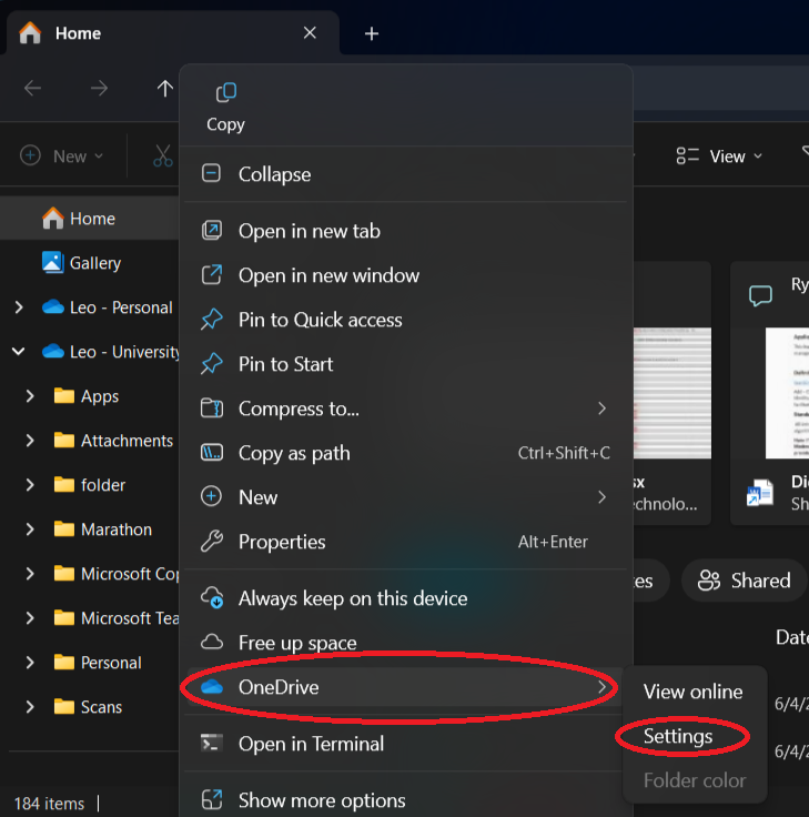 Screenshot showing the navigation path to OneDrive Settings