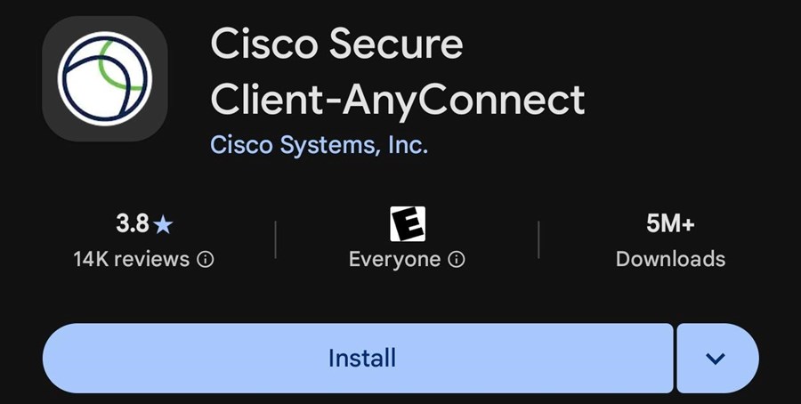 Google Play Store listing for Cisco Secure Client-Anyconnect, published by Cisco Systems, Inc.