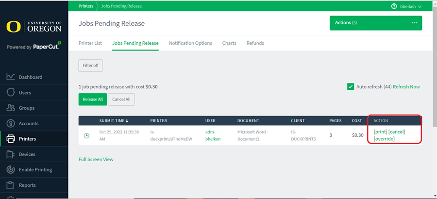 Jobs pending release page.  All jobs currently waiting for release are listed.  Available actions for the job are circled in red on the right hand side.  Those options are "print", "cancel", and "override"
