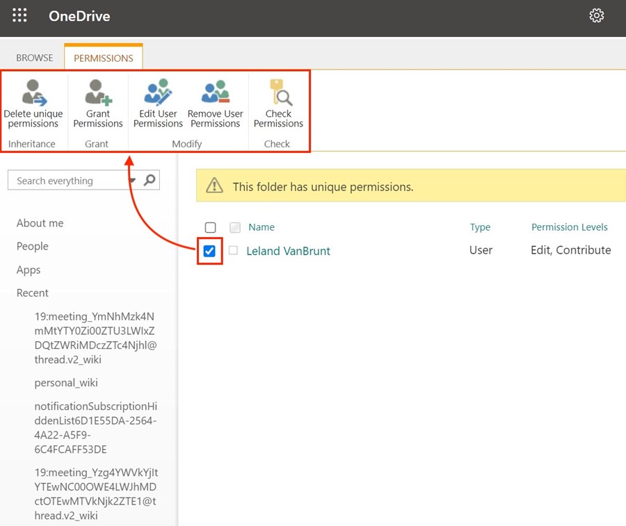 OneDrive Permissions menu example