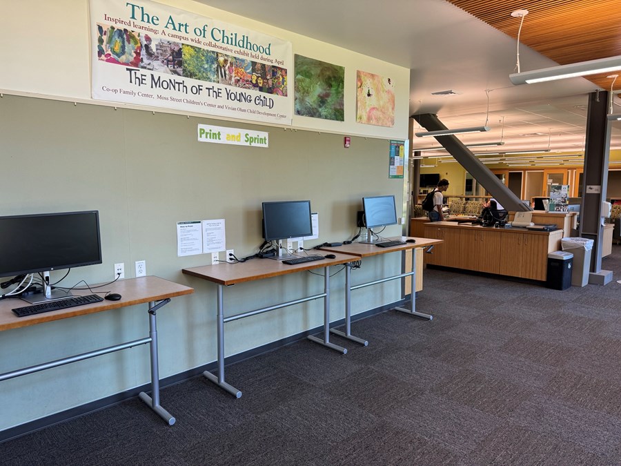 The entry area of HEDCO Learning Commons with three computers on standing desks against the left wall