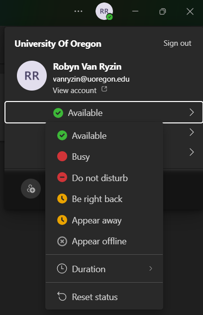Teams profile menu showing the status drop‑down with Available selected.