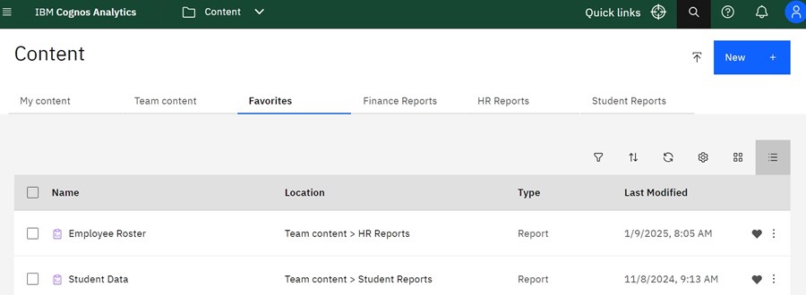 Cognos Content menu with tabs for My Content, Team Content, Favorites, Finance Reports, HR Reports, and Student Reports