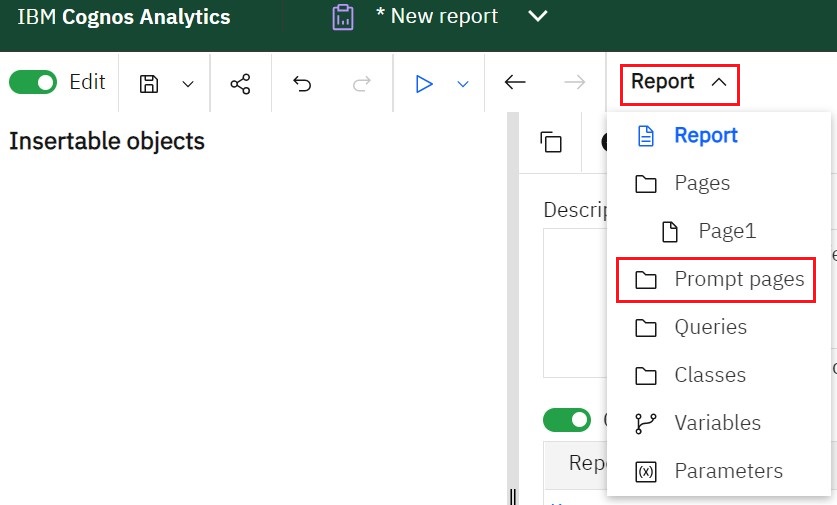 The first two steps of adding a prompt page with the Report menu and Prompt Pages item highlighted.