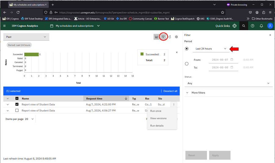 Cognos My schedules and subscriptions screen