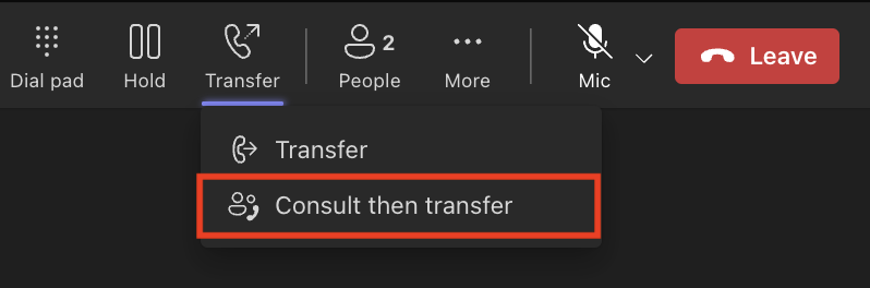 Transfer menu during Teams call