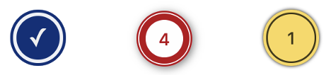Editoria11y alert icons that show errors. A blue circle with a white checkmark, a red circle with a red number, and a yellow circle with a black number.