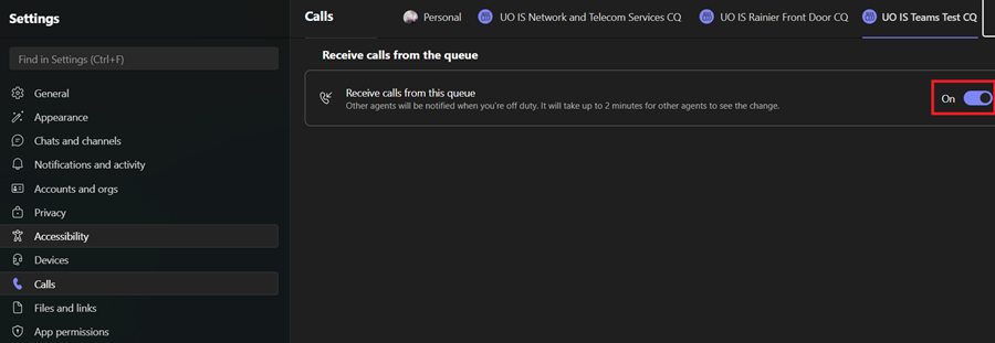 Call queue settings page highlighting the Receive calls from this queue toggle.