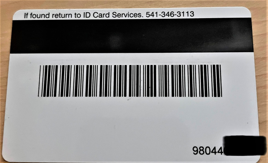 Duck Bucks card, reverse side, with bar code and 98 number.