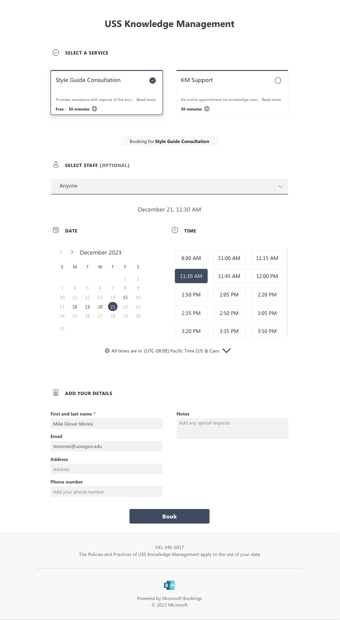 USS Knowledge Management booking page