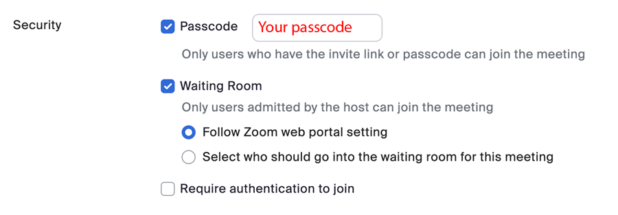 Passcode and Waiting Room options selected