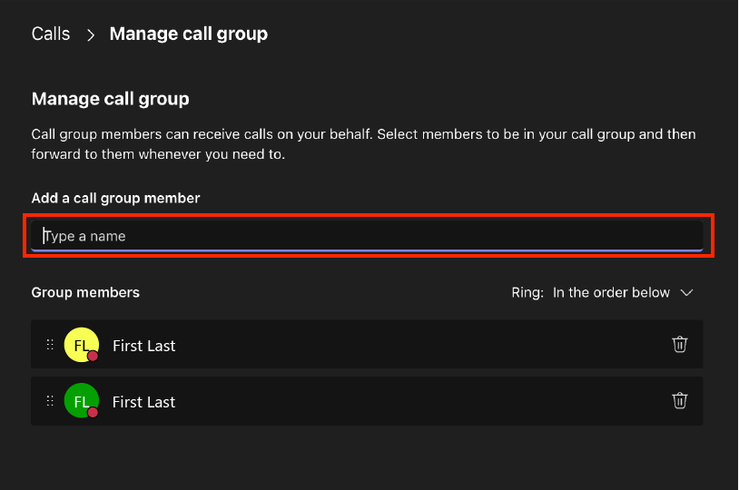 Manage call group with add member field highlighted