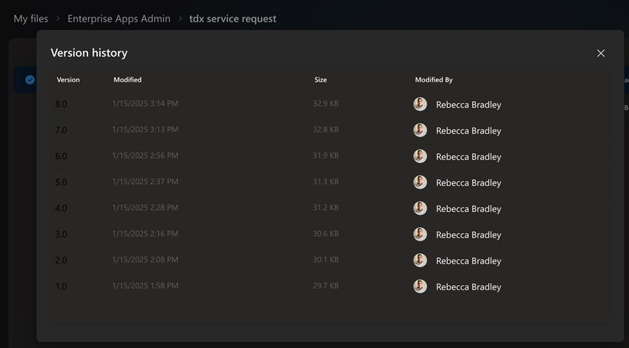 Version history example with dates, times, and modified by.