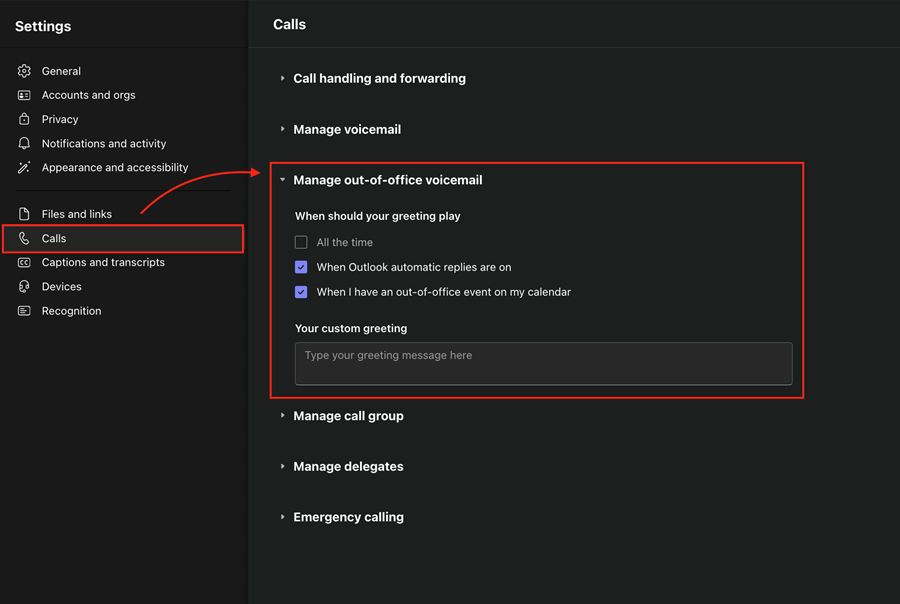 Manage out-of-office voicemail settings