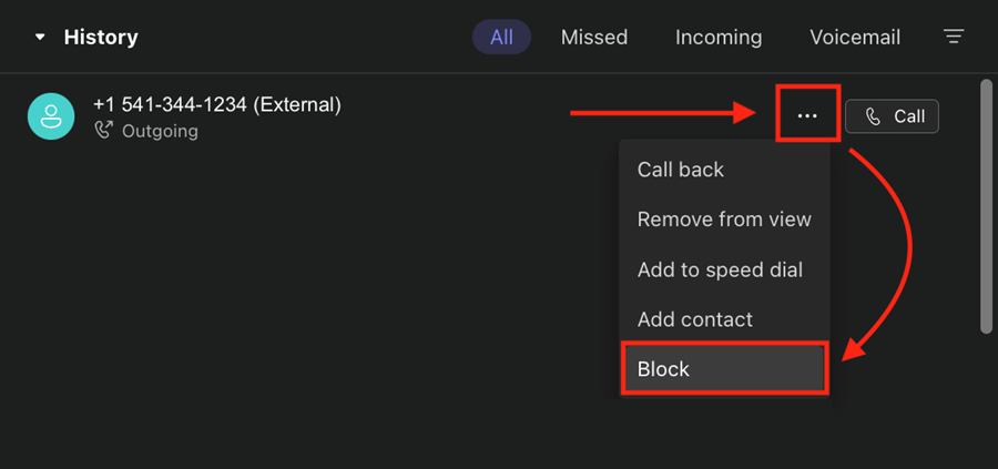 Three-dot more options menu with Block highlighted
