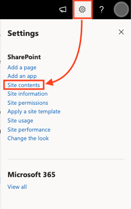 Settings menu site contents link