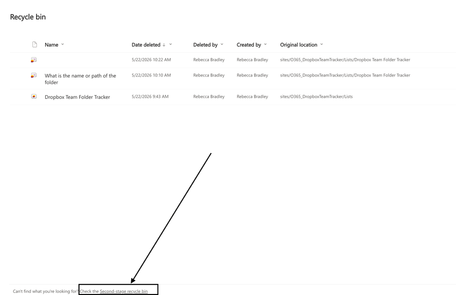 Second stage recycle bin location example