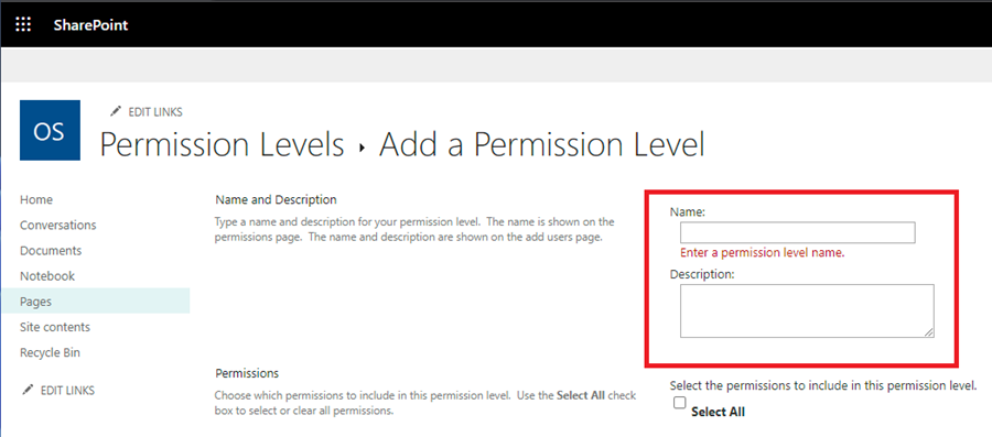Name and description of permission level