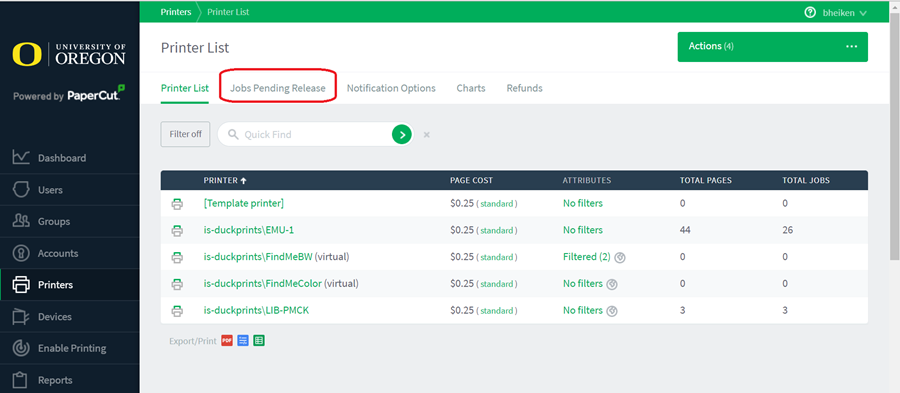 PaperCut printer list, printer options listed horizontally from left to right, and "Jobs Pending Release" is circled in Red