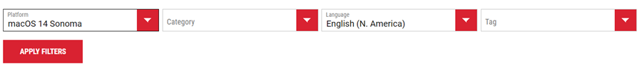 The filters section of the Xerox Support page.