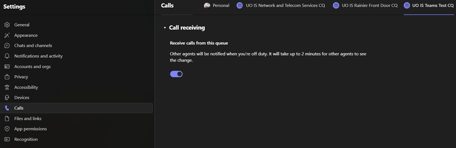 Settings dialog box, Calls tab, Queue tab, call receiving