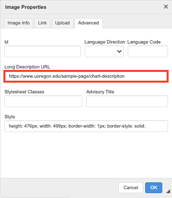 The Advanced tab within the Image Properties dialog box highlighting the Long Description URL field.