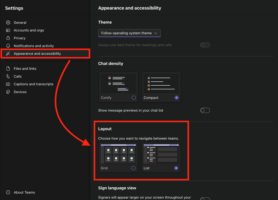 Appearance and accessibility settings.