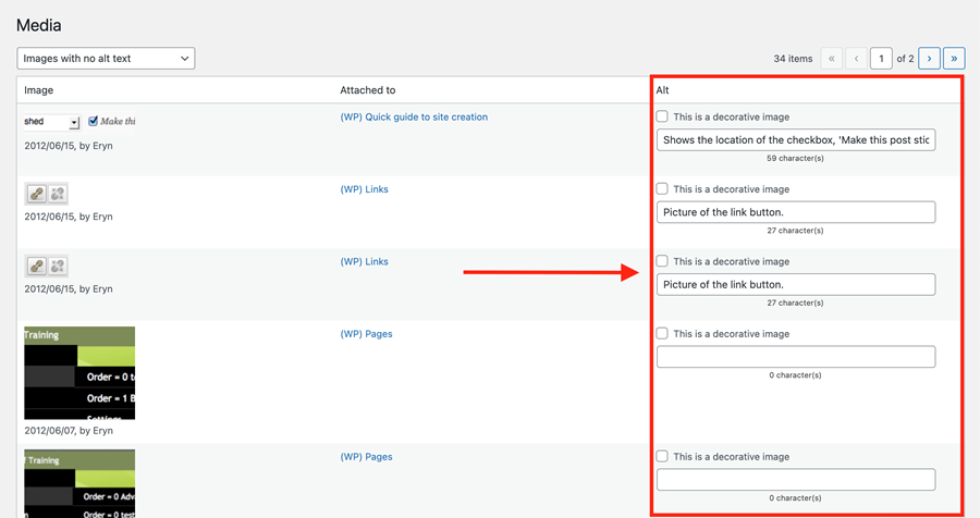 Alt Text screen with the Alt column highlighted on the right