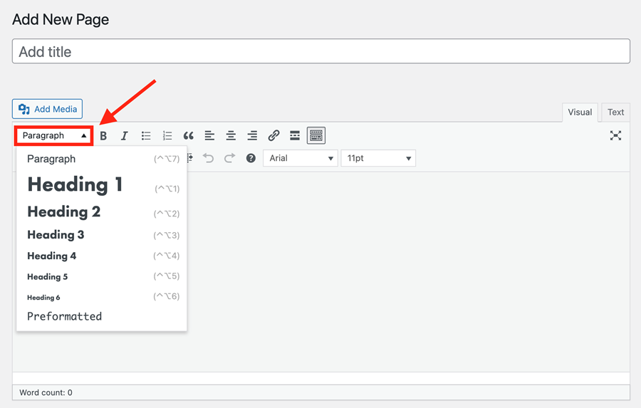 Paragraph/Heading level drop-down menu in the editor.