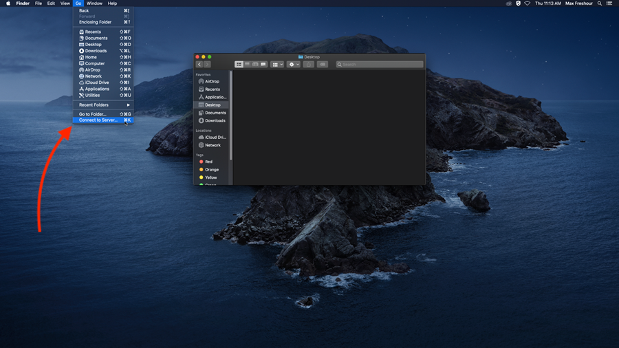 Selecting connect to server from the go menu in finder