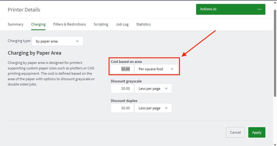 The charging tab is selected and Cost based on Area is set to Square Foot.