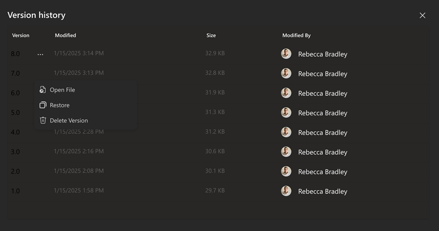 Version history management example