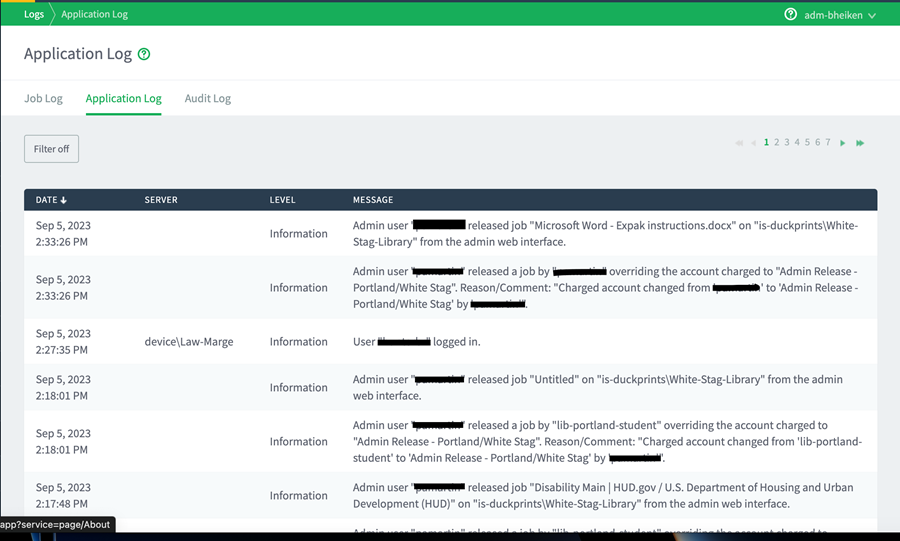 Application Log page showing the entries of all the fields in the log