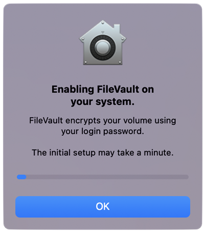 Image of Dialog Box that says "Enabling Filevault on your system."