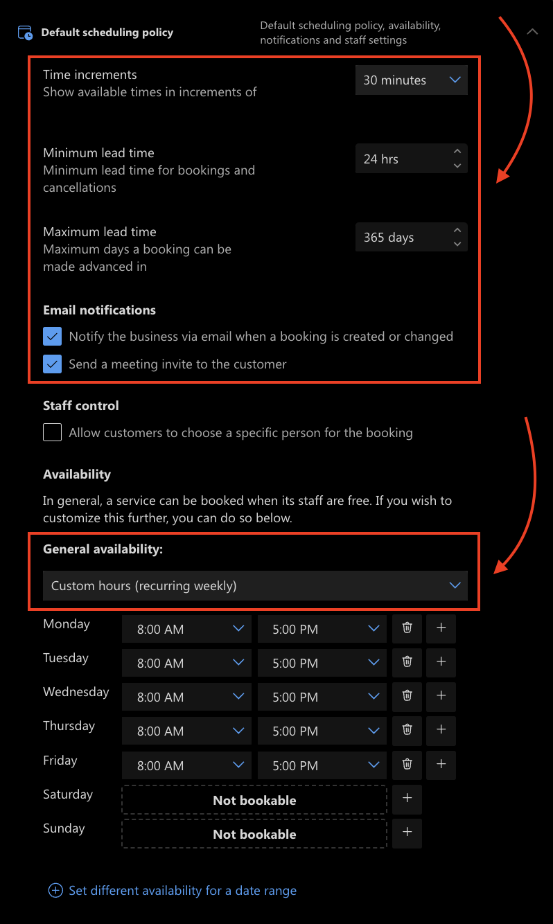 Default scheduling policy screen in Bookings