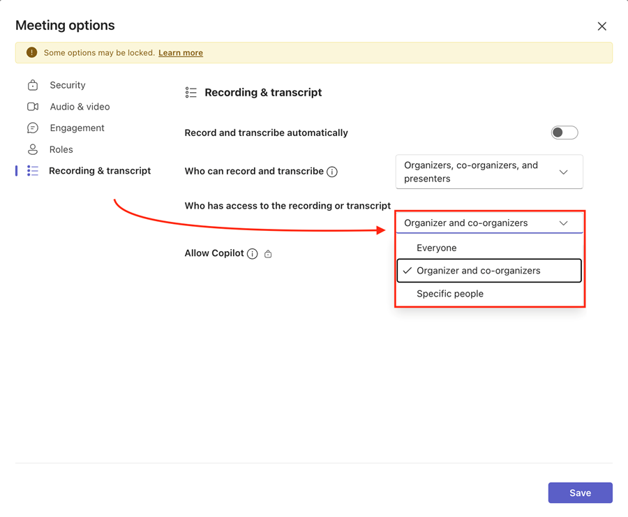 Who has access to the recording or transcript drop-down menu