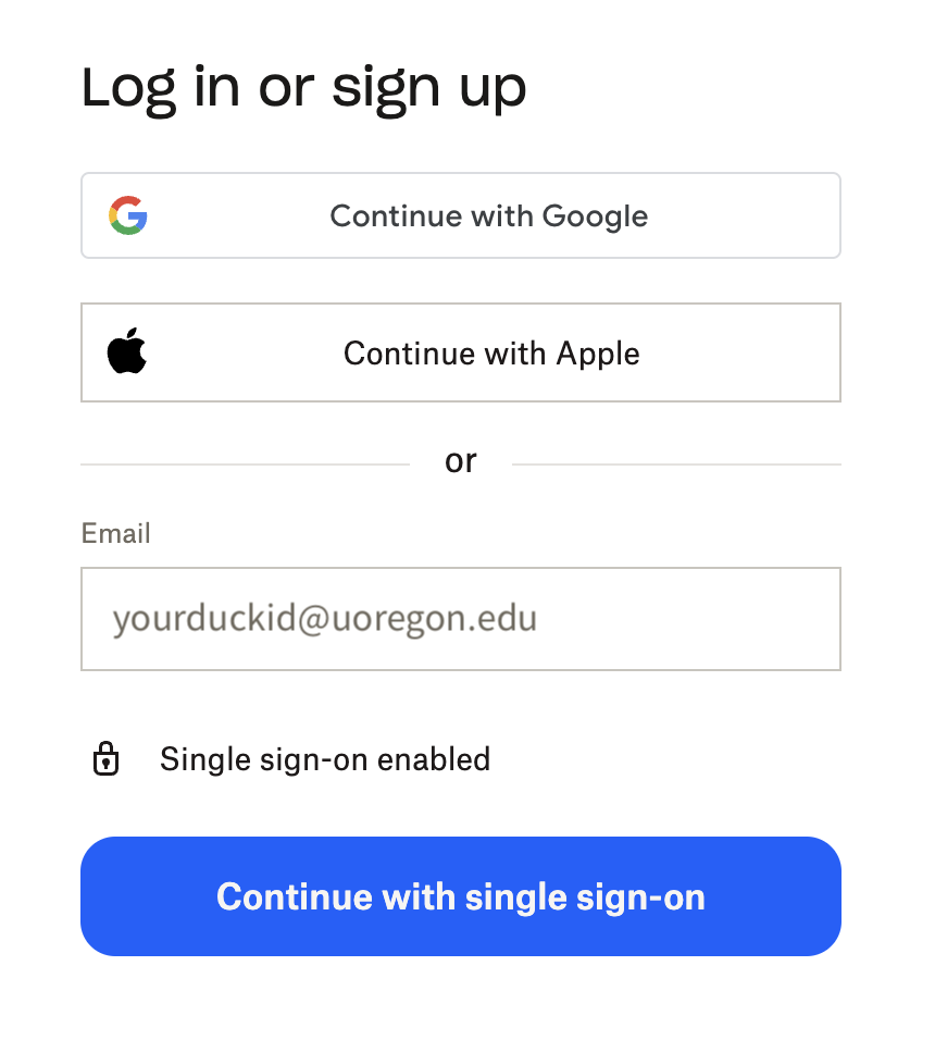 Dropbox log in screen with single sign-on message.