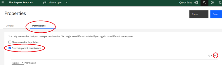 Permissions tab options to override parent folder permissions and add a user