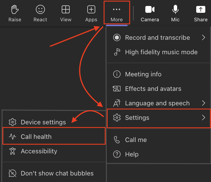 New Teams Call Health settings