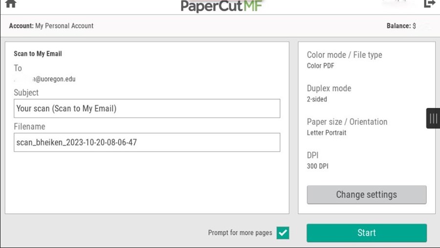 PaperCut screen showing the To:, Subject, Filename fields. On the bottom right, is an option to change settings. Underneath is the Scan to Email process.