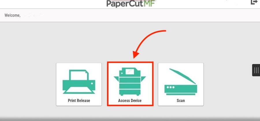 PaperCut three options: Print Release, Access Device, and Scan