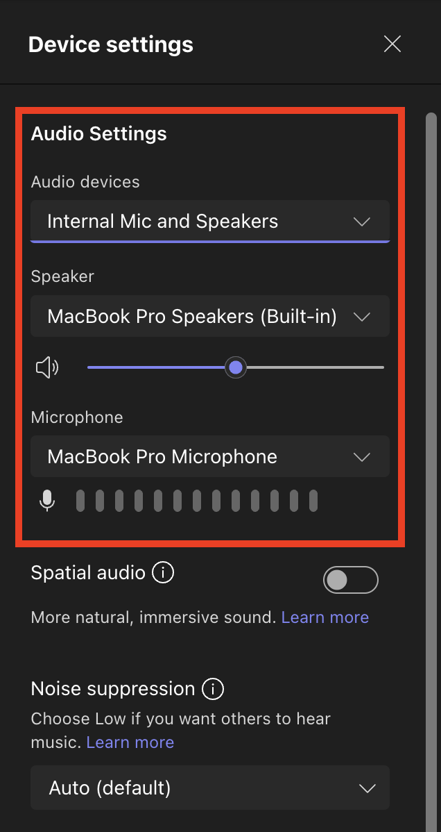 Device Settings screen in Teams with Audio Settings highlighted.