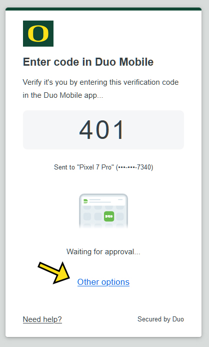 An image of the Duo Universal Prompt. The Other Options link near the bottom of the image has an arrow pointing to it.