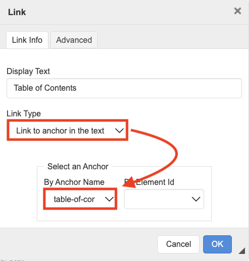 Anchor selection screen in the Link editor dialog.