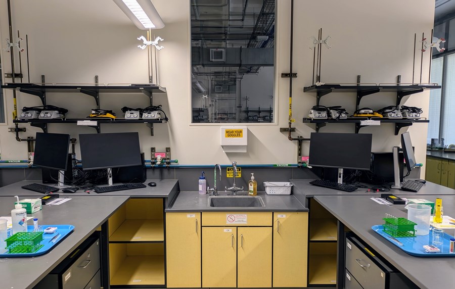 Image of Klamath labs with computers on counters and chemistry lab items on tables